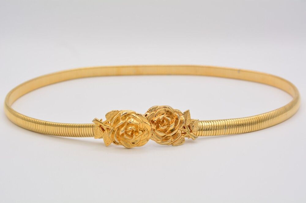 Vintage Rose Buckle Omega Stretchy Belt Gold Chain Heavy Chunky 28"-36" Flex 80s